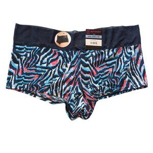 XXL 2XG BLUE BOYSHORT PANTIES LACE PRINT NO BIND BAND SILKY GATHERED BACK NWT